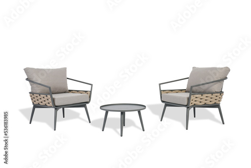 3 gray sofa and 2 table made of metal in the yard , White background
