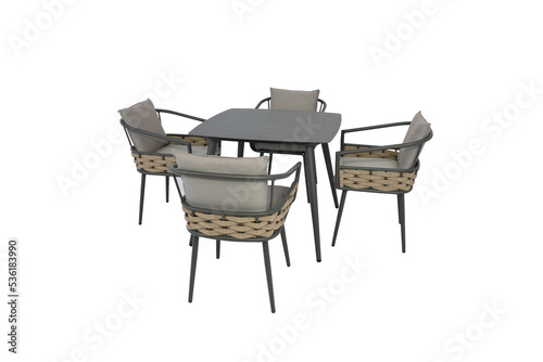  gray table made of metal and 4 chairs in yard and garden, white background
