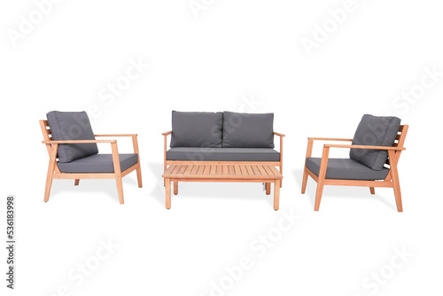 3 wooden sofa and table made of wood in the yard and garden,gray pillow, white background
