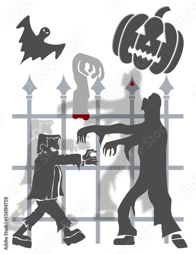 Grey monsters walking against a cemetery fence, surrounded by flying spooks. 