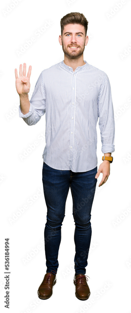 Young handsome man showing and pointing up with fingers number four while smiling confident and happy. Young handsome man showing and pointing up with fingers number four while smiling confident and happy.