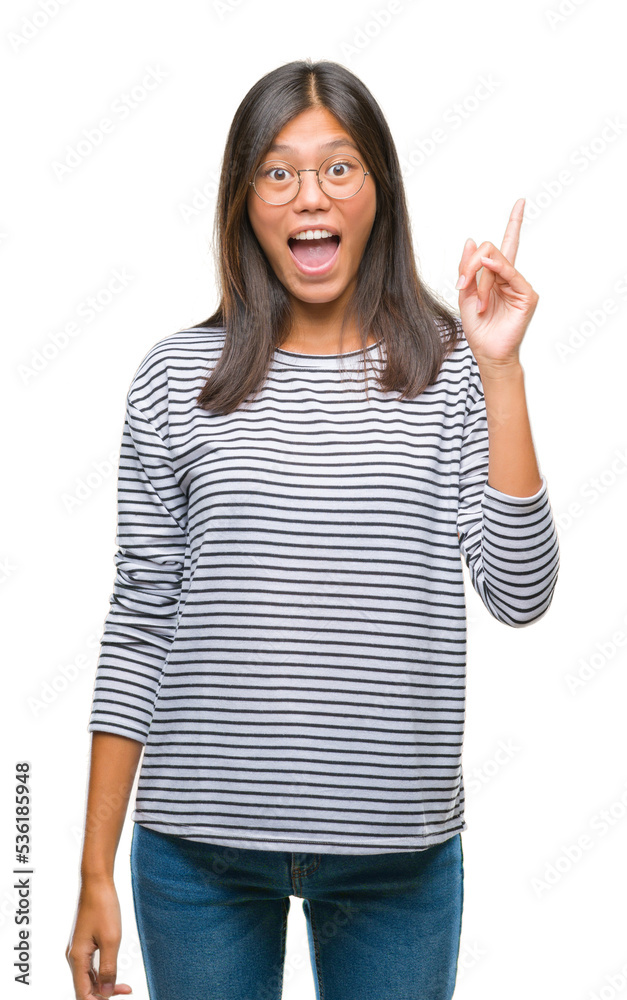 Young asian woman wearing glasses over isolated background pointing finger up with successful idea. Exited and happy. Number one. Young asian woman wearing glasses over isolated background pointing finger up with successful idea. Exited and happy. Number one.