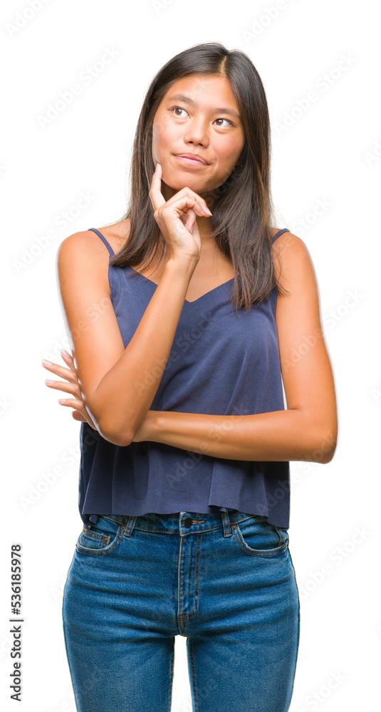 Young asian woman over isolated background with hand on chin thinking about question, pensive expression. Smiling with thoughtful face. Doubt concept. Young asian woman over isolated background with hand on chin thinking about question, pensive expression. Smiling with thoughtful face. Doubt concept.