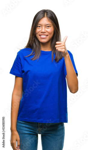 Young asian woman over isolated background doing happy thumbs up gesture with hand. Approving expression looking at the camera with showing success.