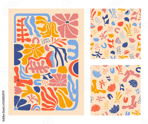 Colorful abstract hand drawn aesthetic floral illustration poster and seamless patterns. Botanical retro concept template perfect for postcards, wall art, banner, background etc.