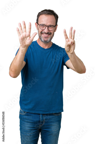 Handsome middle age hoary senior man wearin glasses over isolated background showing and pointing up with fingers number eight while smiling confident and happy.