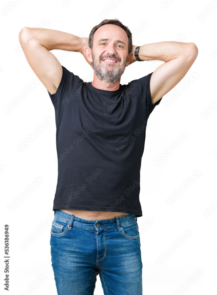 Handsome middle age hoary senior man over isolated background Relaxing and stretching with arms and hands behind head and neck, smiling happy Handsome middle age hoary senior man over isolated background Relaxing and stretching with arms and hands behind head and neck, smiling happy