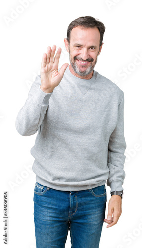 Handsome middle age senior man wearing a sweatshirt over isolated background Waiving saying hello happy and smiling, friendly welcome gesture