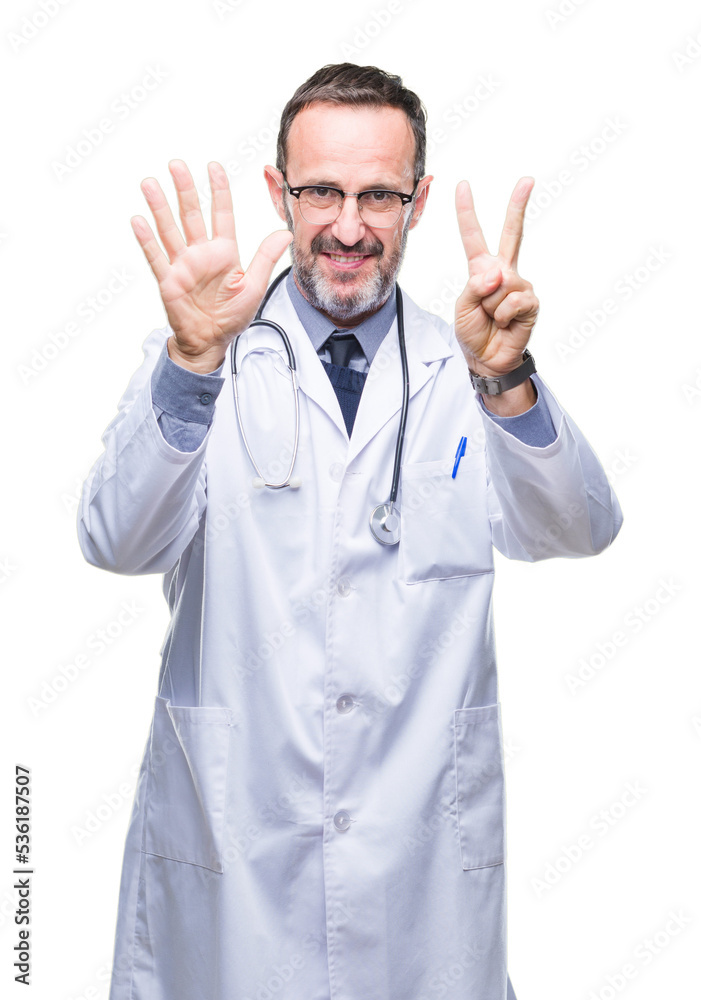 Middle age senior hoary doctor man wearing medical uniform isolated background showing and pointing up with fingers number seven while smiling confident and happy. Middle age senior hoary doctor man wearing medical uniform isolated background showing and pointing up with fingers number seven while smiling confident and happy.
