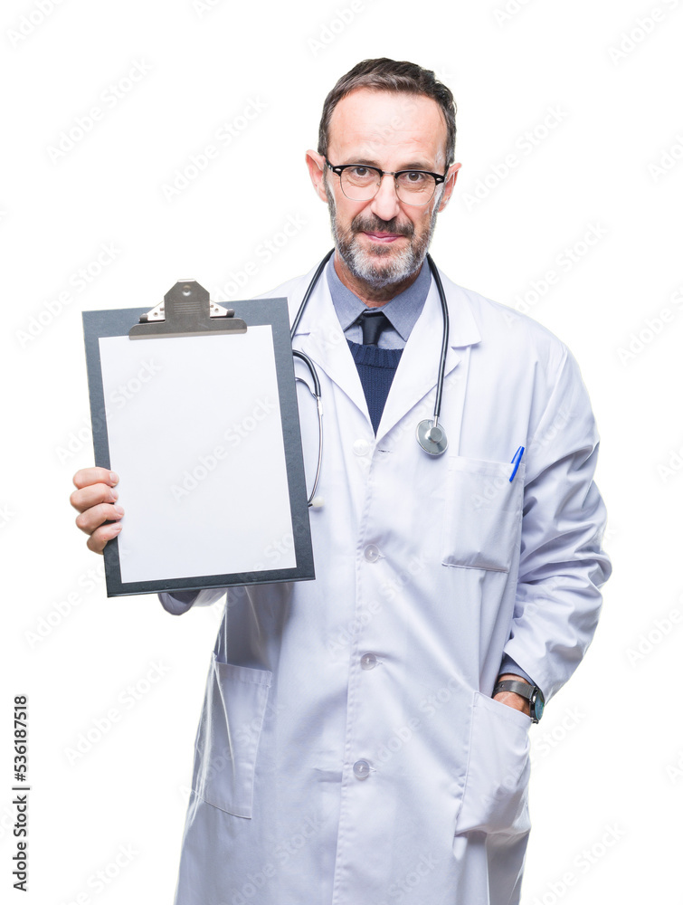 Middle age senior hoary doctor man holding clipboard isolated background with a confident expression on smart face thinking serious Middle age senior hoary doctor man holding clipboard isolated background with a confident expression on smart face thinking serious