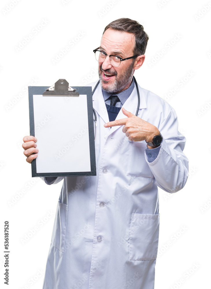 Middle age senior hoary doctor man holding clipboard isolated background very happy pointing with hand and finger Middle age senior hoary doctor man holding clipboard isolated background very happy pointing with hand and finger