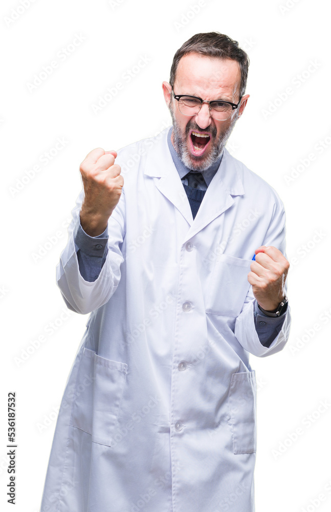 Middle age senior hoary professional man wearing white coat over isolated background very happy and excited doing winner gesture with arms raised, smiling and screaming for success. Celebration Middle age senior hoary professional man wearing white coat over isolated background very happy and excited doing winner gesture with arms raised, smiling and screaming for success. Celebration