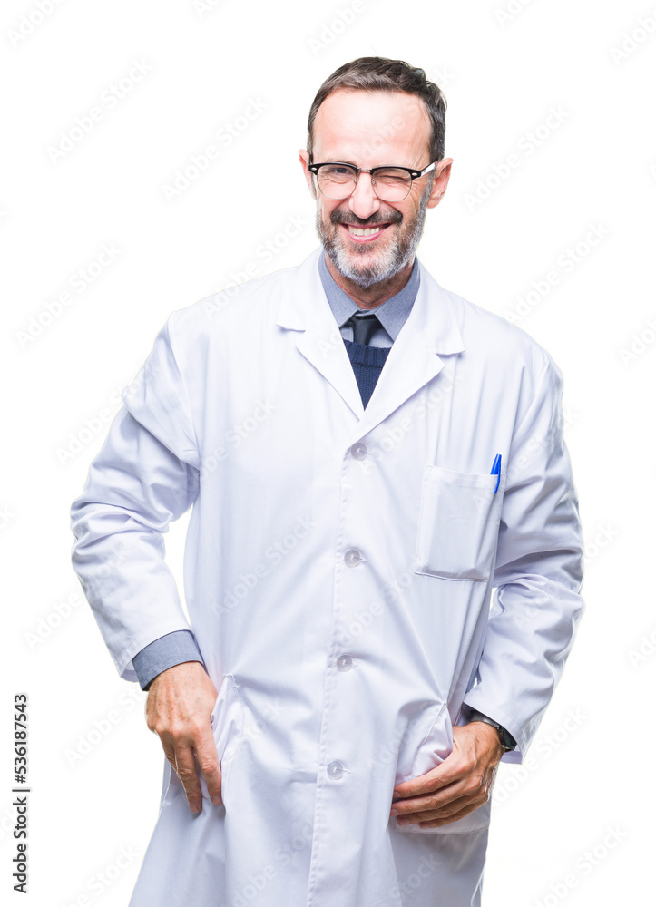 Middle age senior hoary professional man wearing white coat over isolated background winking looking at the camera with sexy expression, cheerful and happy face. Middle age senior hoary professional man wearing white coat over isolated background winking looking at the camera with sexy expression, cheerful and happy face.