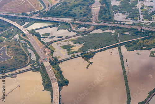 Overhead view of the bridges of the New Jersey Turnpike over the swamps of the Meadowlands in Northern New Jersey.
 photo