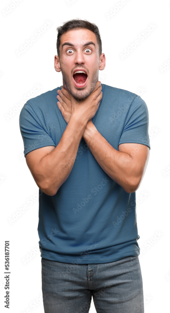 Handsome young casual man shouting and suffocate because painful strangle. Health problem. Asphyxiate and suicide concept. Handsome young casual man shouting and suffocate because painful strangle. Health problem. Asphyxiate and suicide concept.