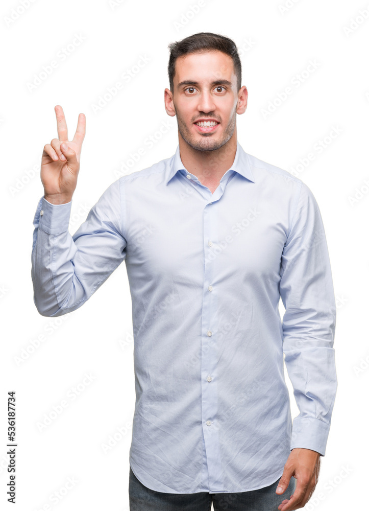 Handsome young businessman showing and pointing up with fingers number two while smiling confident and happy. Handsome young businessman showing and pointing up with fingers number two while smiling confident and happy.