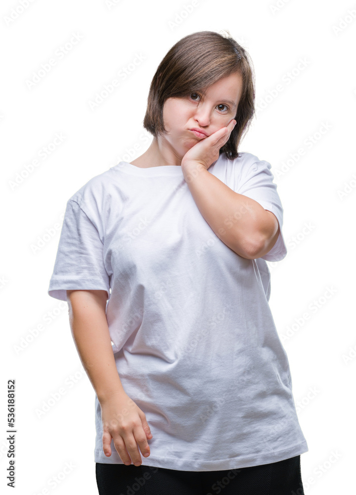 Young adult woman with down syndrome over isolated background thinking looking tired and bored with depression problems with crossed arms.