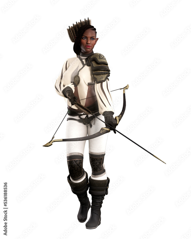 Beautiful fantasy woman elf archer with arrow ready in the bow walking and looking for a target. 3D illustration isolated. Beautiful fantasy woman elf archer with arrow ready in the bow walking and looking for a target. 3D illustration isolated.