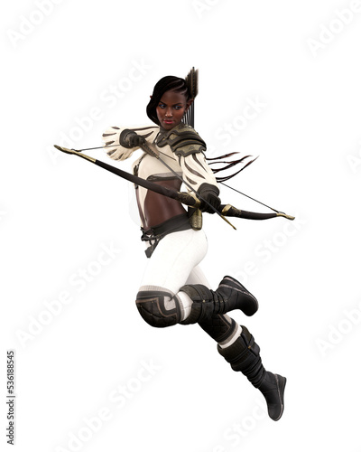 Beautiful fantasy female elf archer running and shooting an arrow from her bow. 3D illustration isolated.