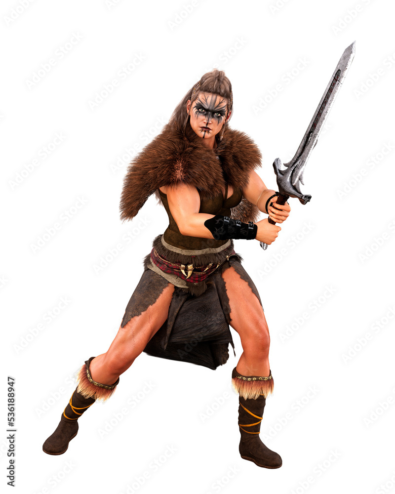 Barbarian female Viking warrior holding a sword in two hands in fighting pose. 3D illustration isolated. Barbarian female Viking warrior holding a sword in two hands in fighting pose. 3D illustration isolated.