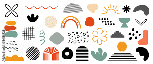 Abstract shapes set, hand-drawn boho objects, contemporary trendy vector