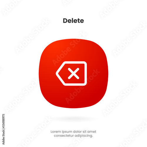 3d red trash, delete, cleaning, clean, erase, cross, backspace icon, symbol, sign, emblem, button, push button vector on isolated background for UI UX, website, mobile app. photo