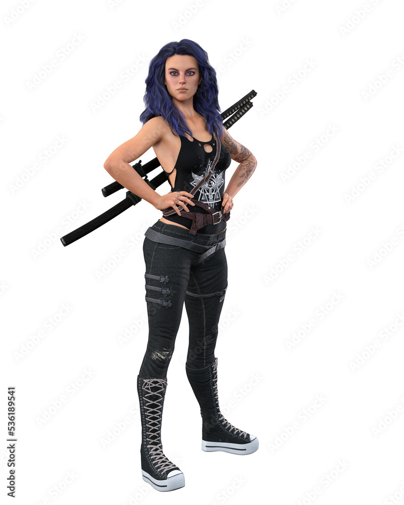 Young attractive urban fantasy woman with purple hair, standing wearing black singlet, jeans and boots with a pair of katana swords on her back. 3D rendering isolated. Young attractive urban fantasy woman with purple hair, standing wearing black singlet, jeans and boots with a pair of katana swords on her back. 3D rendering isolated.