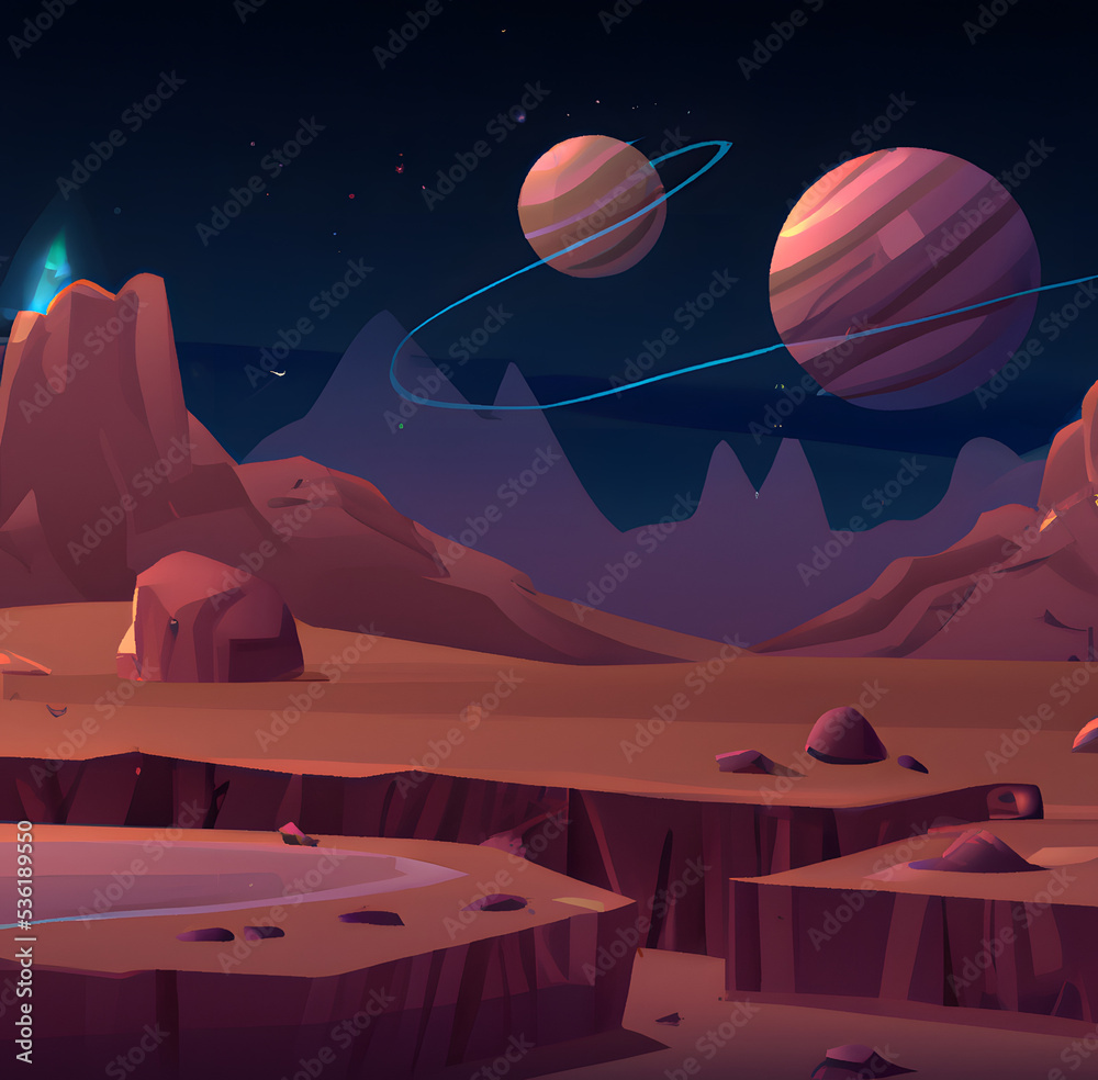 Illustration of cosmic background, alien planet deserted landscape with ...