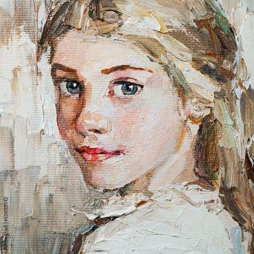 Fototapeta Naklejka Na Ścianę i Meble -  Portrait of a young, dreamy girl with blond hair on a mysterious abstract background. Palette knife technique of oil painting and brush.