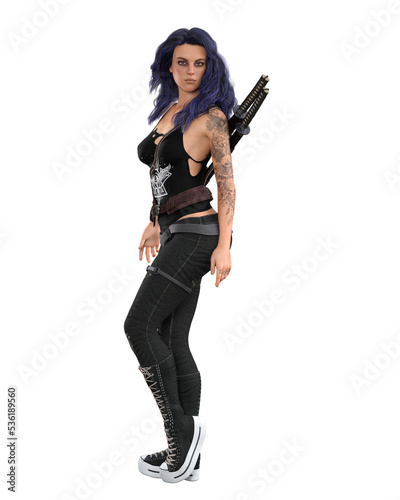Fotografiet Young attractive woman wearing black goth urban fantasy outift with two swords sheathed on her back