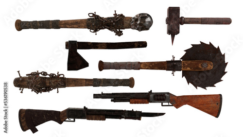 Collection of fantasy zombie apocalypse weapons. 3D rendering isolated.