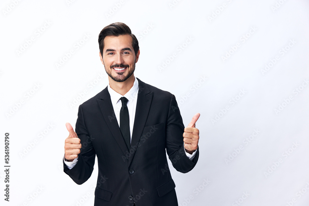 Portrait of man in expensive business suit smile with teeth happiness hands up thumbs up on white background isolated, copy place. Businessman startup technology Portrait of man in expensive business suit smile with teeth happiness hands up thumbs up on white background isolated, copy place. Businessman startup technology