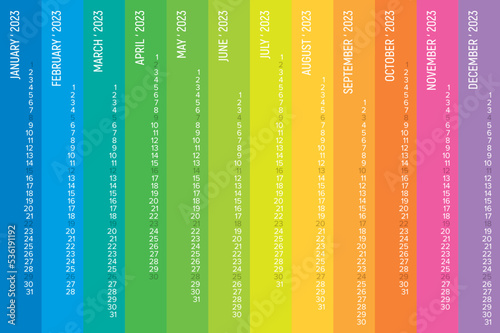 Creative rainbow wall calendar 2023. Vertical design stripes. Week starts mondays, sundays holidays. Editable vector template. (ID: 536191192)