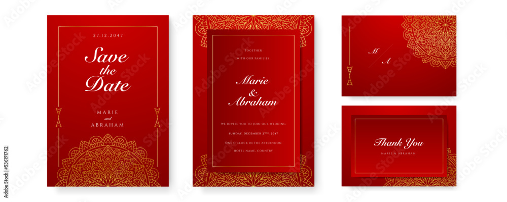 Royal red wedding invitation card design with golden mandala and ...