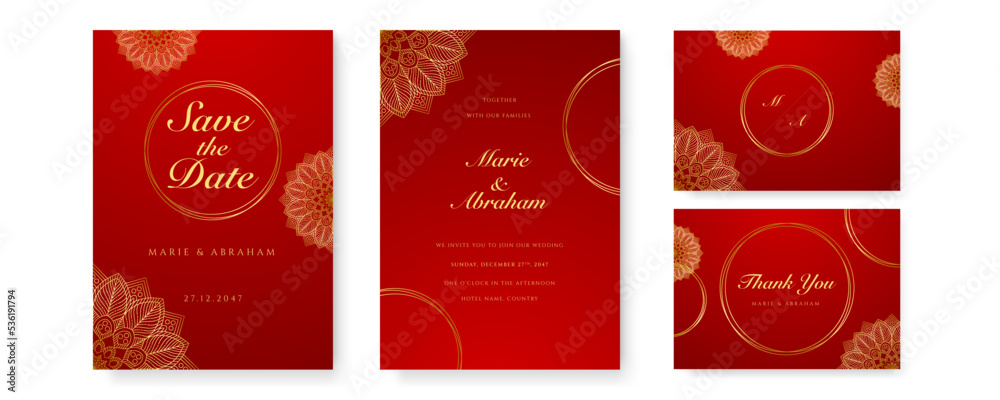 Royal red wedding invitation card design with golden mandala and abstract pattern Royal red wedding invitation card design with golden mandala and abstract pattern