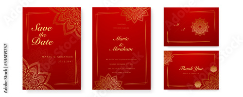 Royal red wedding invitation card design with golden mandala and abstract pattern