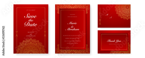 Royal red wedding invitation card design with golden mandala and abstract pattern