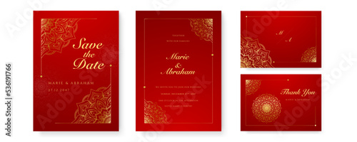 Royal red wedding invitation card design with golden mandala and abstract pattern