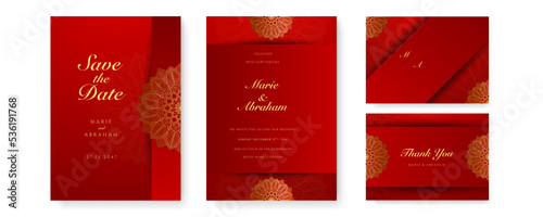 Royal red wedding invitation card design with golden mandala and abstract pattern