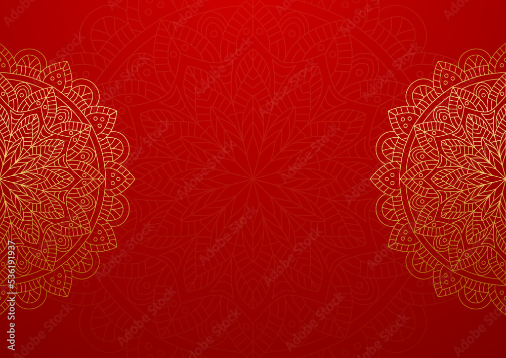 Gold and red ornamental mandala background. Luxury mandala background with golden arabesque pattern arabic islamic east style. Decorative mandala for print, poster, cover, brochure, flyer, banner.