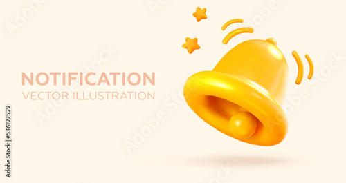 Bell notifications. Message, notification, alert, call. Isolated yellow bell in realistic 3d style. Vector illustration. photo