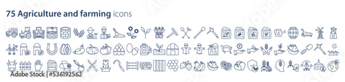 Collection of icons related to Agriculture and farming, including icons like Leaf, tractor, food, fruit, garden and more. vector illustrations, Pixel Perfect
