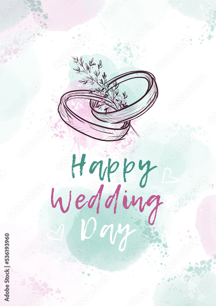 Happy Wedding Day greeting card on a pink-blue background. Vintage ...