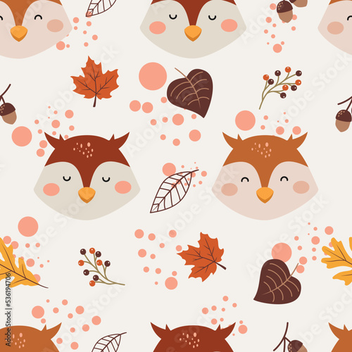 Kids seamless pattern with cute brown owls and leave in cartoon style. Creative vector childish background for fabric, textile or wrapping paper.