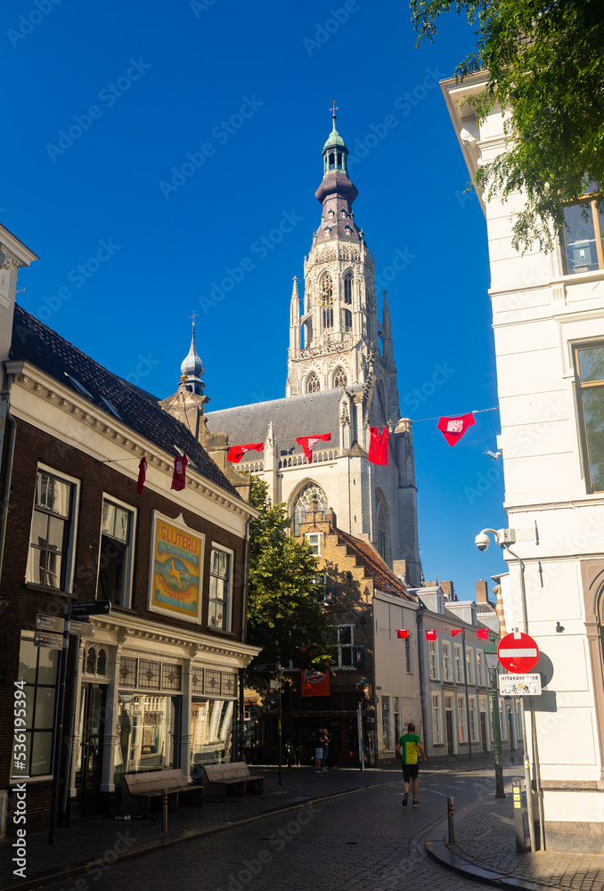 BREDA, NETHERLANDS AUGUST 07, 2022 Impressive belfry of Great church