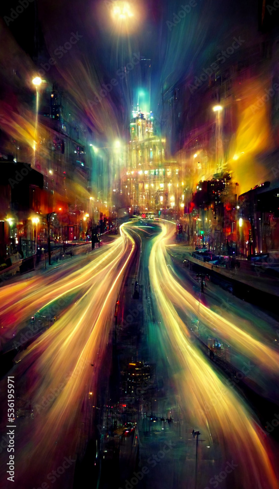 Fototapeta premium Night city colorful abstract illustration of carlights in timelapse