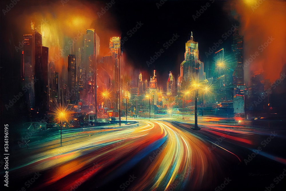Night city colorful abstract illustration of carlights in timelapse