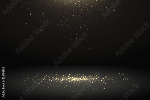 Golden sparkles falling on the floor. Celebration background with falling shiny particles. Luxury backdrop for your design or product presentation. Vector illustration