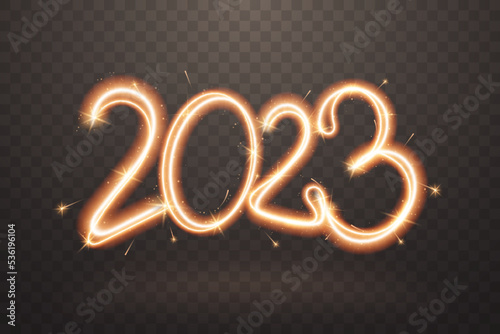 2023 sparkler sign. Firework sign with glow flare effect isolated on transparent background. Sparkling New Year number in freeze light style. Ideal for banner, flyer, poster. Vector illustration
