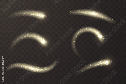 Golden glittering magic trail with shimmer particles. Collection of sparkle stardust isolated on dark background. Element for celebration design, text decoration, etc. Vector illustration.